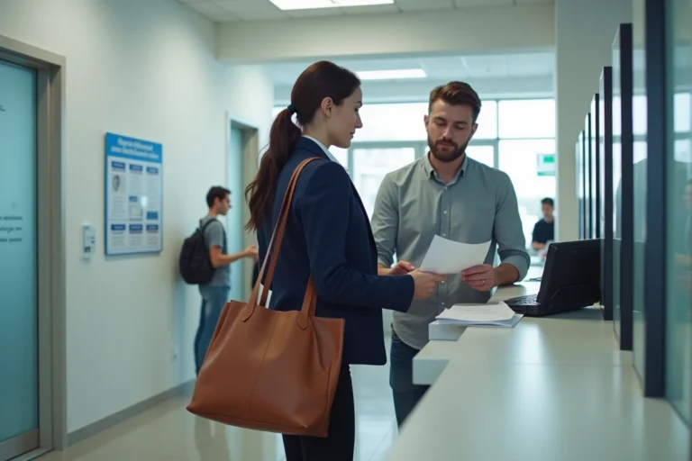 Femme déposant des documents administratifs à l'accueil d'un centre de services publics à Amiens
