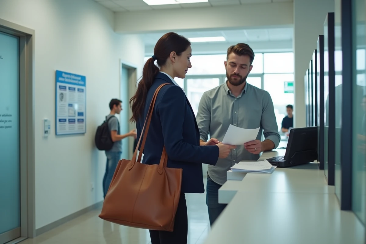 Femme déposant des documents administratifs à l'accueil d'un centre de services publics à Amiens