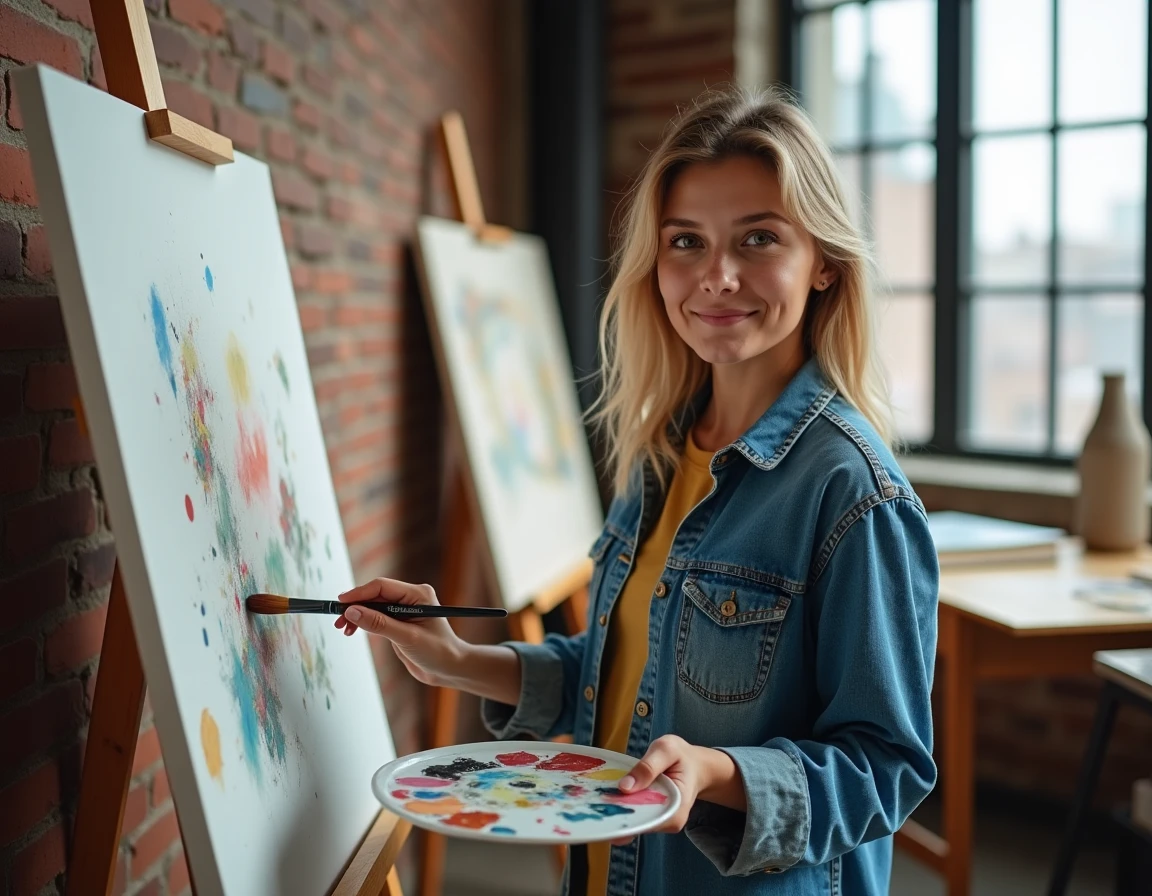 Jeune femme peignant sur une grande toile dans un espace créatif partagé, activité artistique tendance 2024
