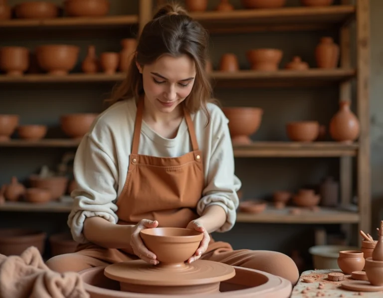 Femme pratiquant la poterie sur un tour de céramique dans un atelier artisanal moderne en 2024