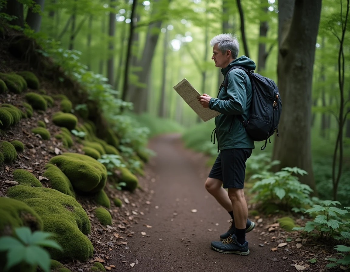 Homme en randonnée dans une forêt dense consultant une carte topographique lors d'une activité plein air en 2024