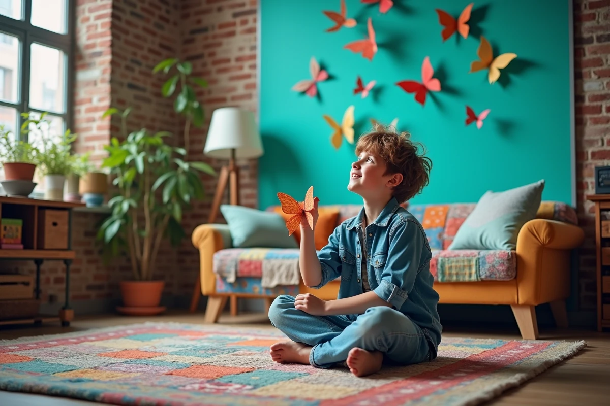 Adolescent collant des papillons en papier sur un mur turquoise dans un loft artistique