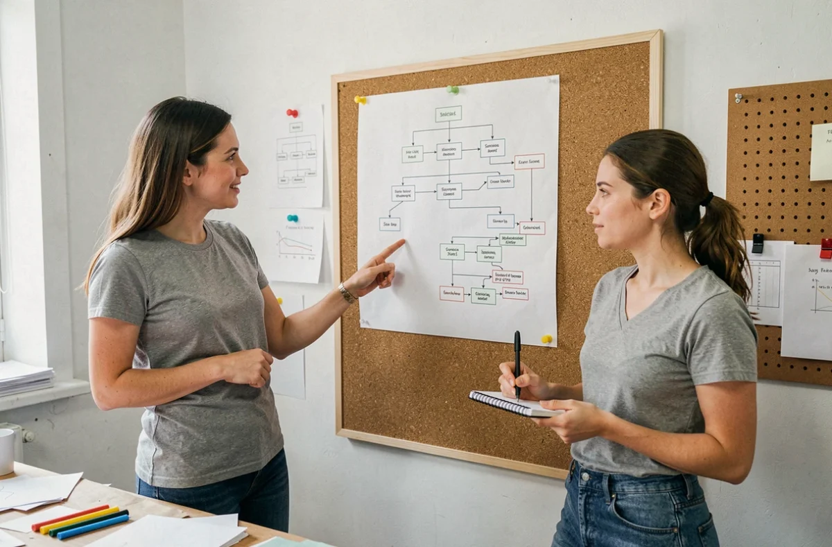 Deux femmes analysant ensemble l'architecture d'un plan de site imprimé dans un studio créatif