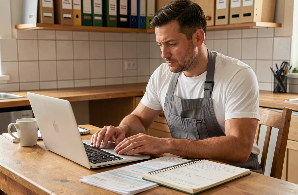 Auto-entrepreneur en services à domicile planifiant son activité avec des documents et un ordinateur portable