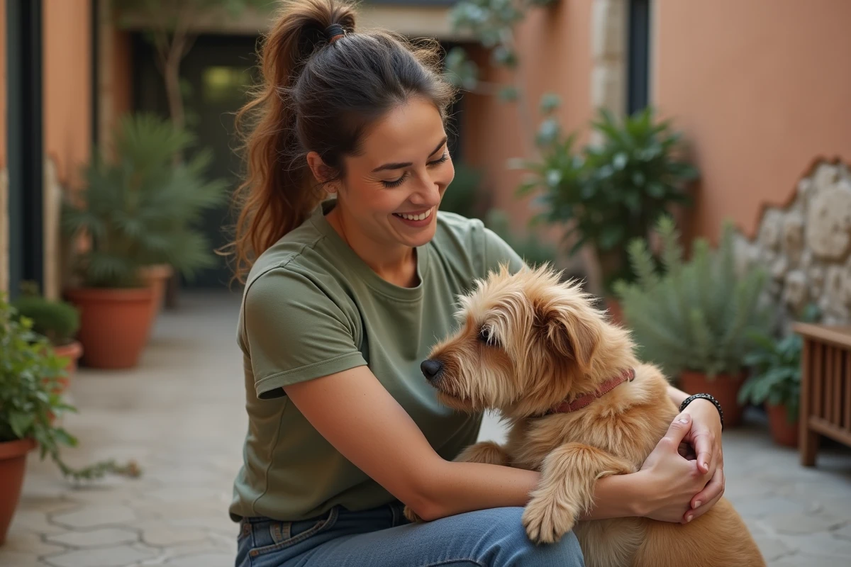 Bénévole tenant tendrement un petit chien croisé dans la cour d'un refuge, symbole des histoires touchantes de 4 Pattes d'Amour