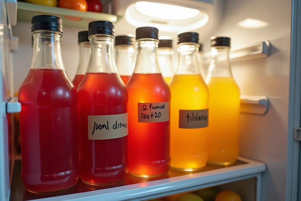 Bouteilles de punch maison étiquetées et rangées dans un réfrigérateur pour une conservation optimale