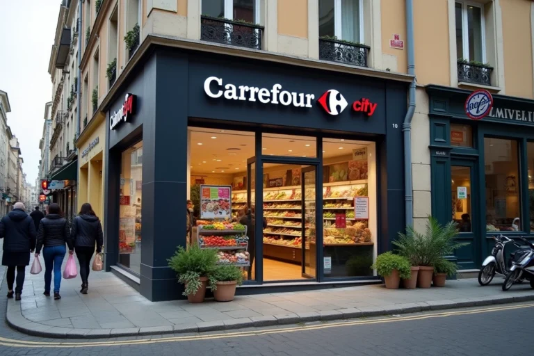 Façade d'un Carrefour City en milieu urbain avec vitrine en verre et piétons sur le trottoir
