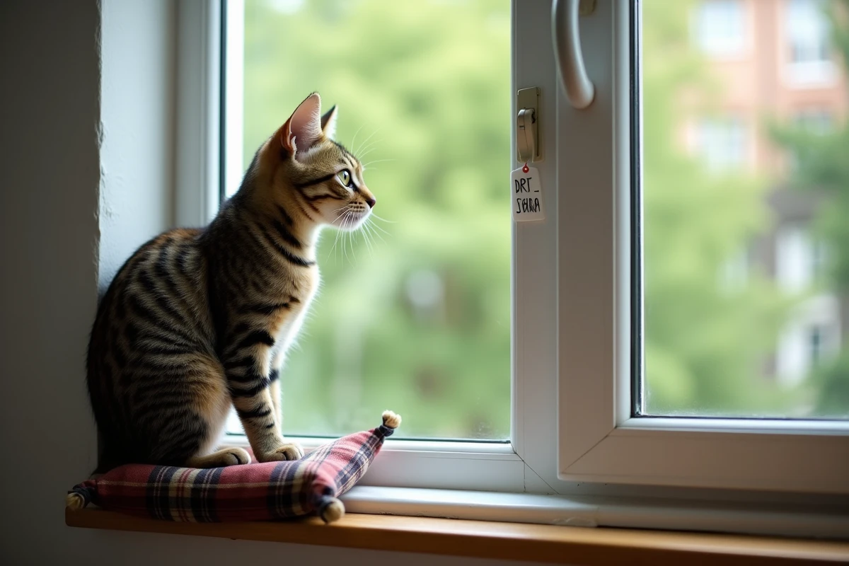 Chatte tigrée perchée sur un rebord de fenêtre dans un refuge, attendant d'être adoptée chez 4 Pattes d'Amour