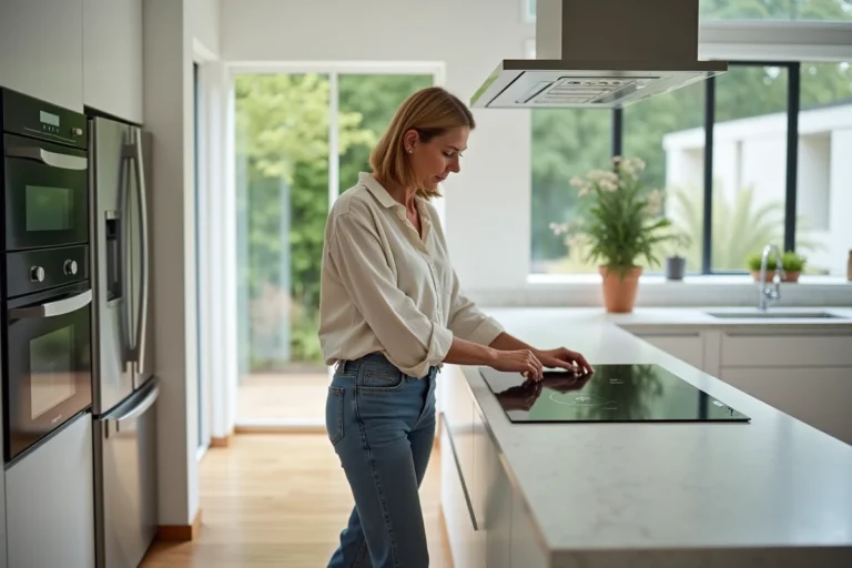 Femme choisissant une plaque de cuisson à induction dans une cuisine moderne et fonctionnelle