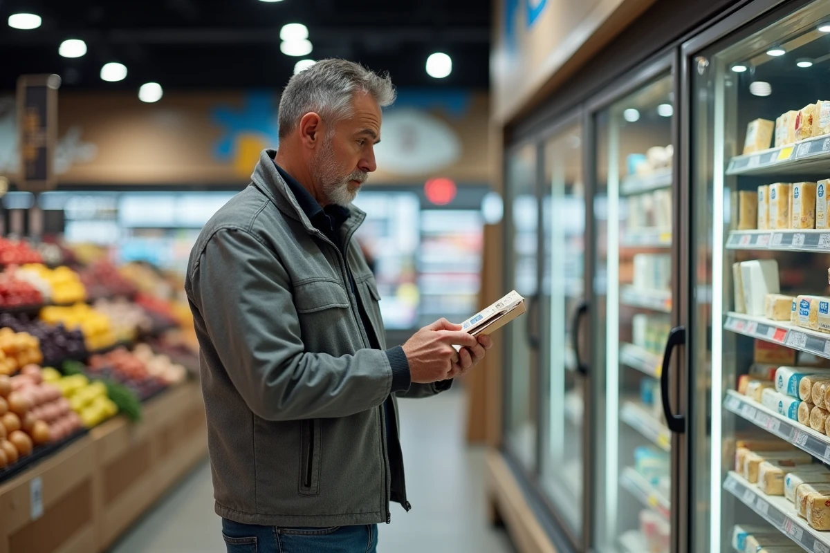 Client masculin comparant des produits en rayon frais dans un supermarché Carrefour Market