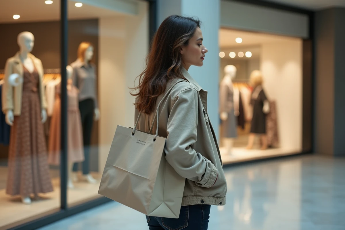 Cliente devant une vitrine du centre commercial Porte Océane à Auray tenant un sac shopping