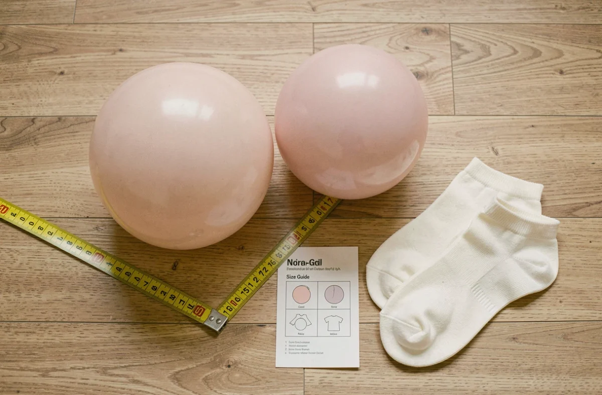 Vue de dessus de deux ballons de naissance de tailles différentes avec un mètre ruban et un guide de choix sur parquet clair