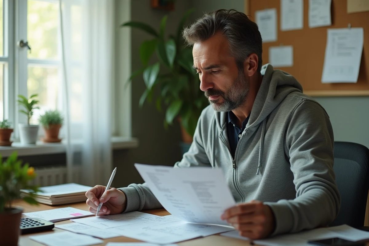 Homme comparant les tarifs d'impression de documents à domicile pour économiser