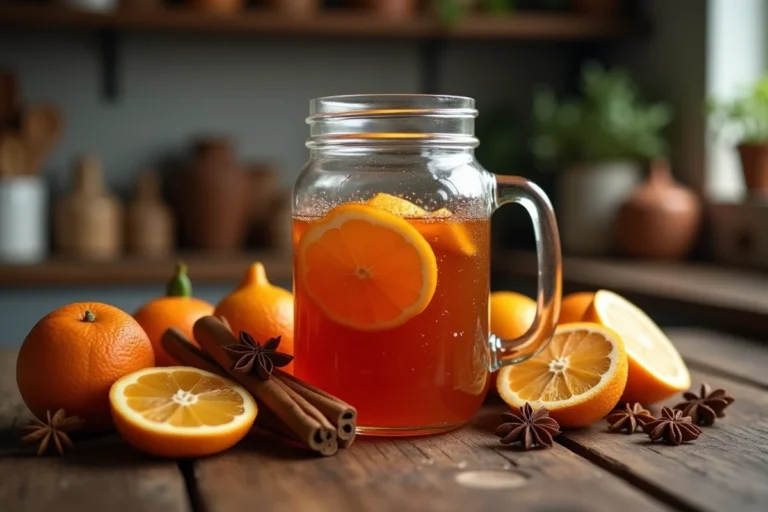 Bocal en verre de punch maison ambré entouré d'agrumes et d'épices sur un comptoir en bois rustique
