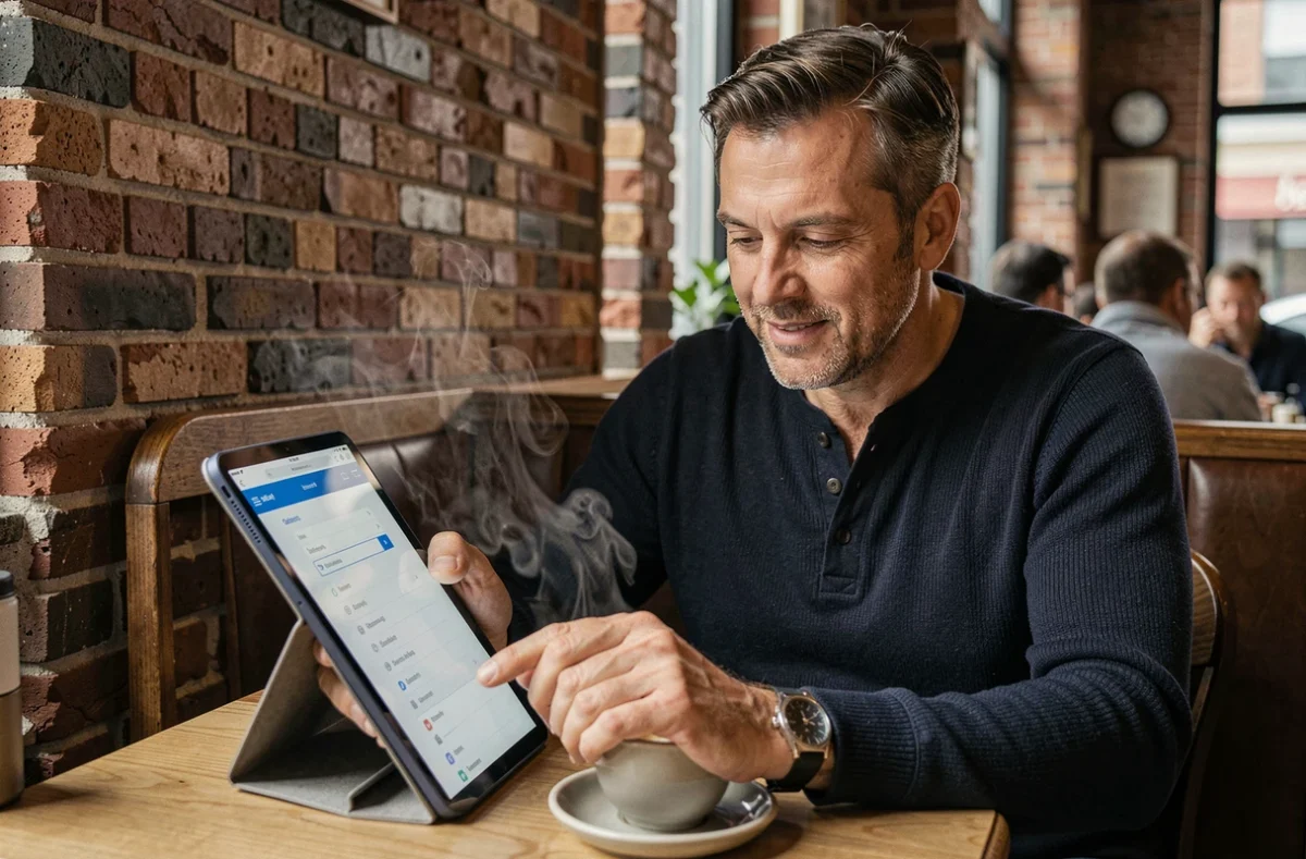 Homme consultant un plan de site structuré sur une tablette dans un café urbain cosy