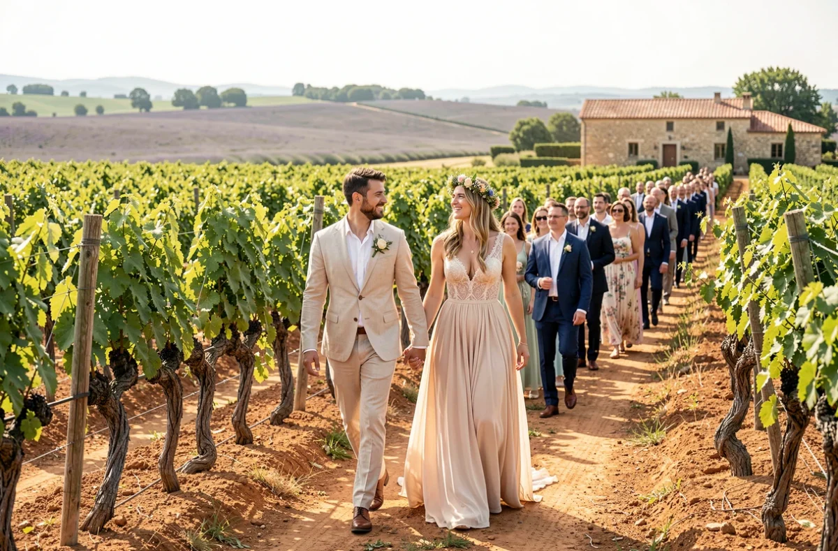 Cortège de mariage marchant entre les vignes en Provence, tradition de procession champêtre dans un domaine viticole français