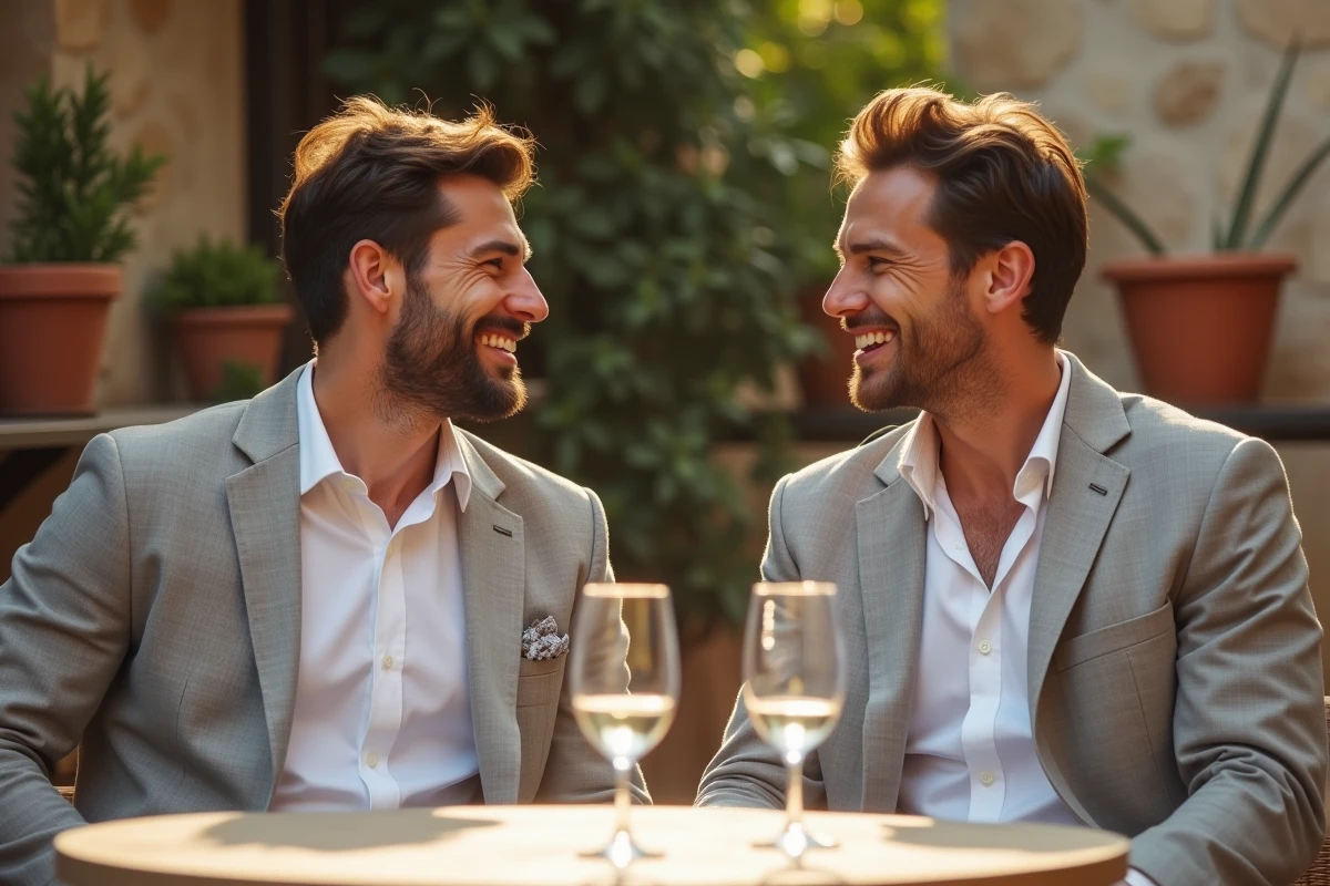 Deux hommes complices partageant un moment de complicité amoureuse dans un café provençal ensoleillé