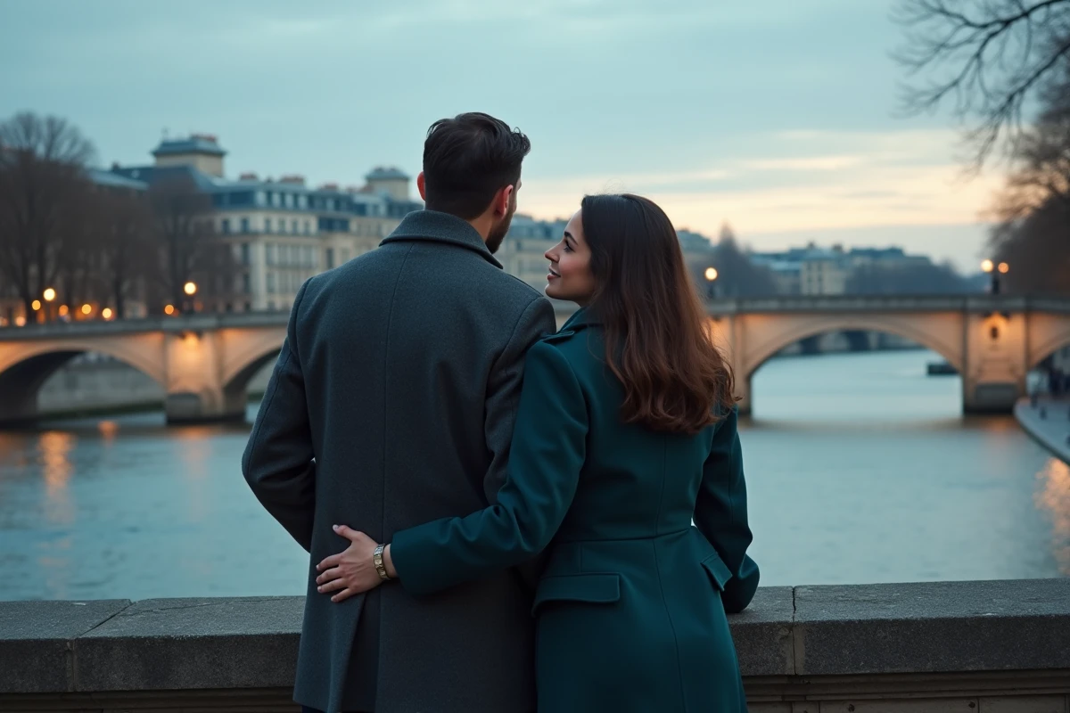 Couple complice appuyé sur un parapet en bord de Seine à Paris au crépuscule