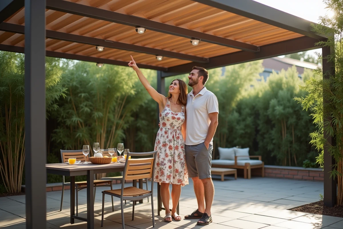 Couple discutant sous une pergola en polycarbonate teinté bronze dans une arrière-cour urbaine aménagée