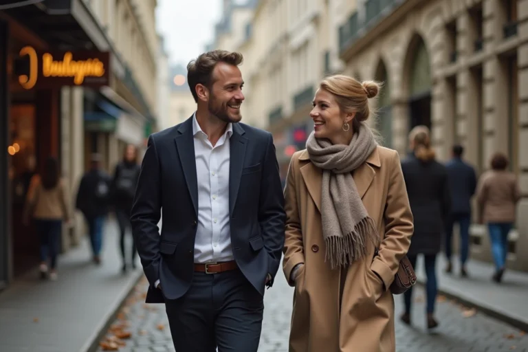 Couple élégant se promenant dans une rue parisienne en automne, souriant et complices