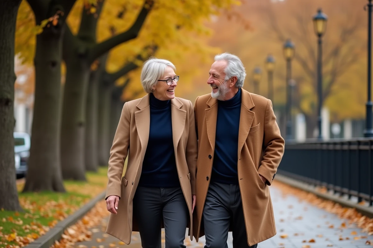 Couple de seniors complices en promenade automnale dans un parc élégant de grande ville