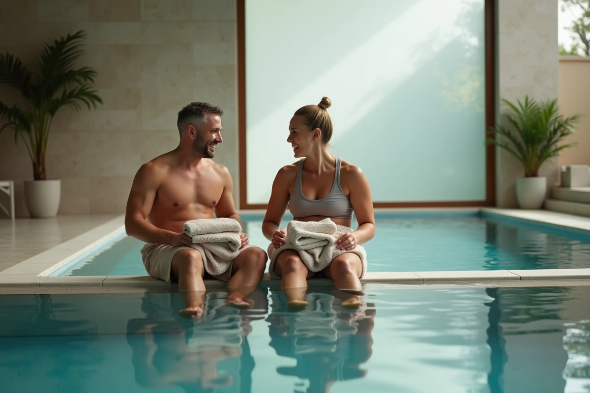 Couple détendu dans une piscine spa intérieure élégante