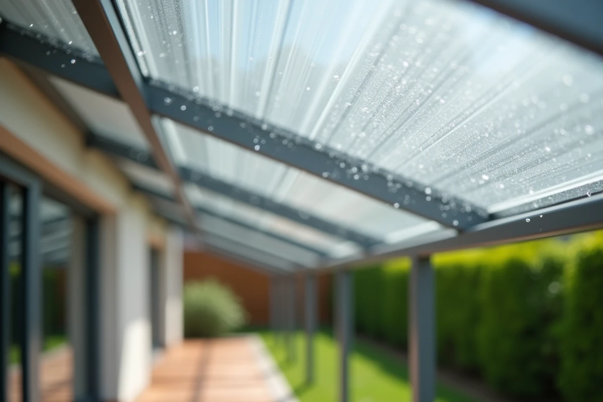 Gros plan sur les panneaux de polycarbonate alvéolaires d'une pergola avec détail de la structure isolante