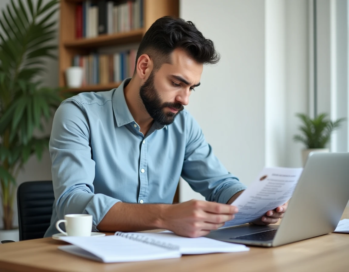 Homme consultant des documents nécessaires pour une demande de carte grise en ligne depuis son bureau à domicile