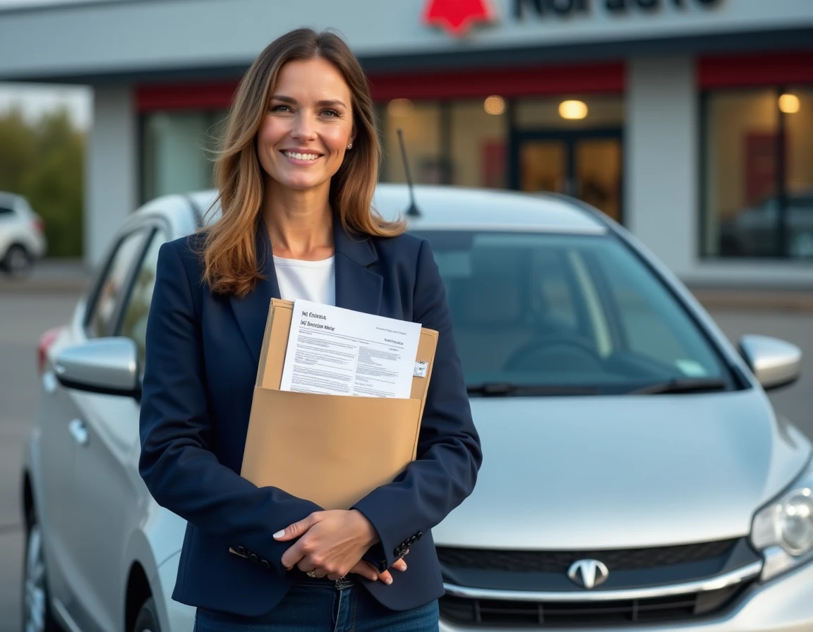 Femme tenant un dossier de documents pour une demande de carte grise devant un centre auto Norauto