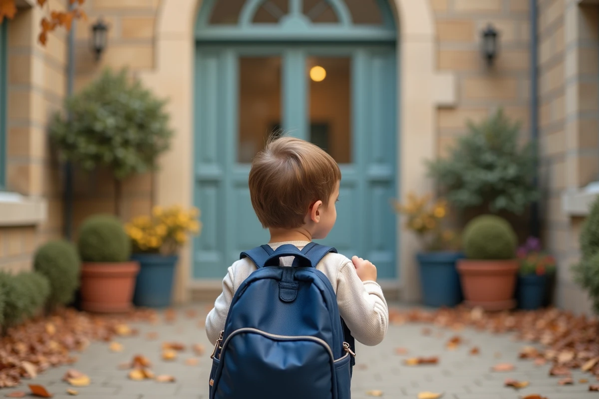 Enfant de 3 ans avec son cartable devant l'entrée d'une école maternelle française à la rentrée