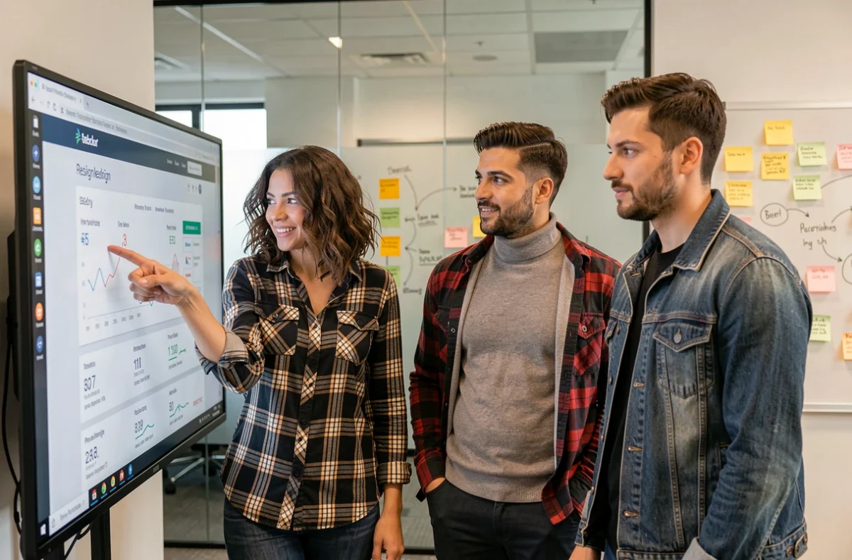 Équipe de professionnels analysant ensemble les performances SEO et la stratégie digitale d'un site web en salle de réunion