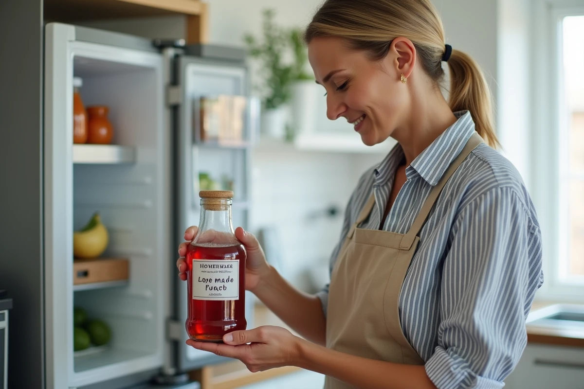 Femme étiquetant une bouteille de punch maison avec une date de conservation près du réfrigérateur
