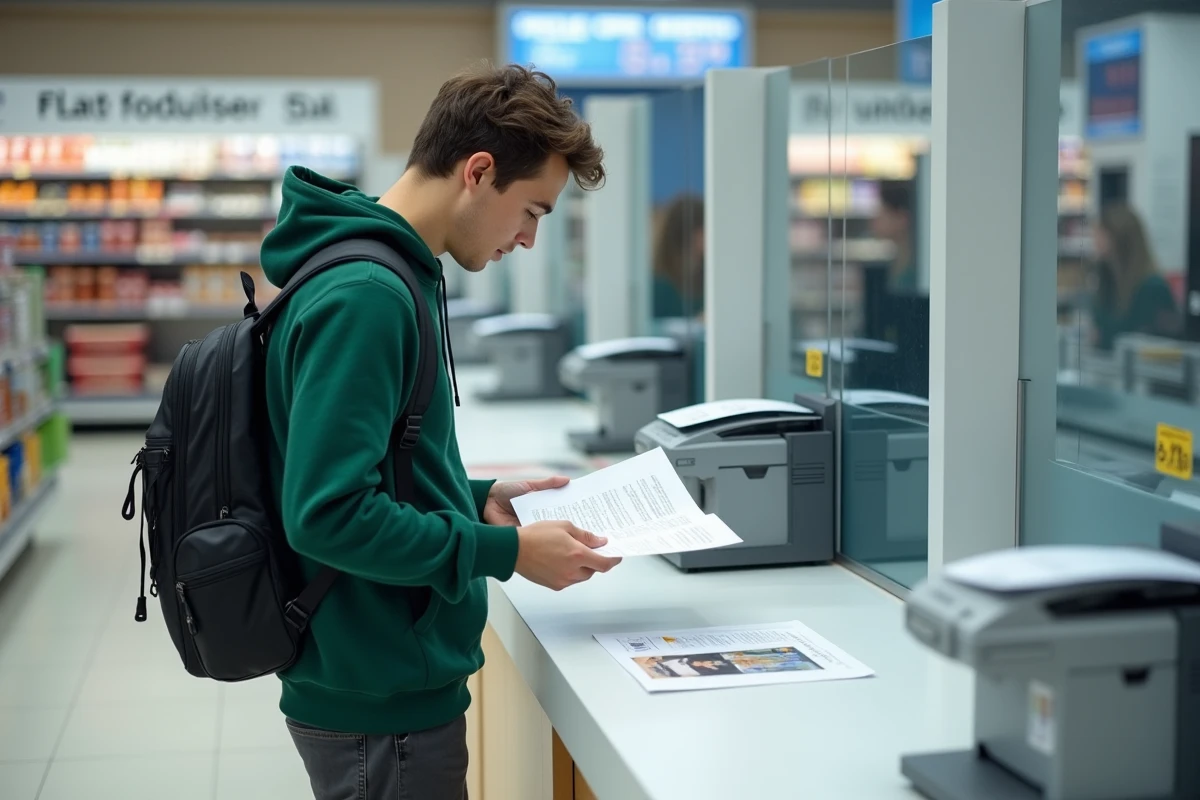 Étudiant récupérant des documents imprimés à une borne Carrefour en magasin