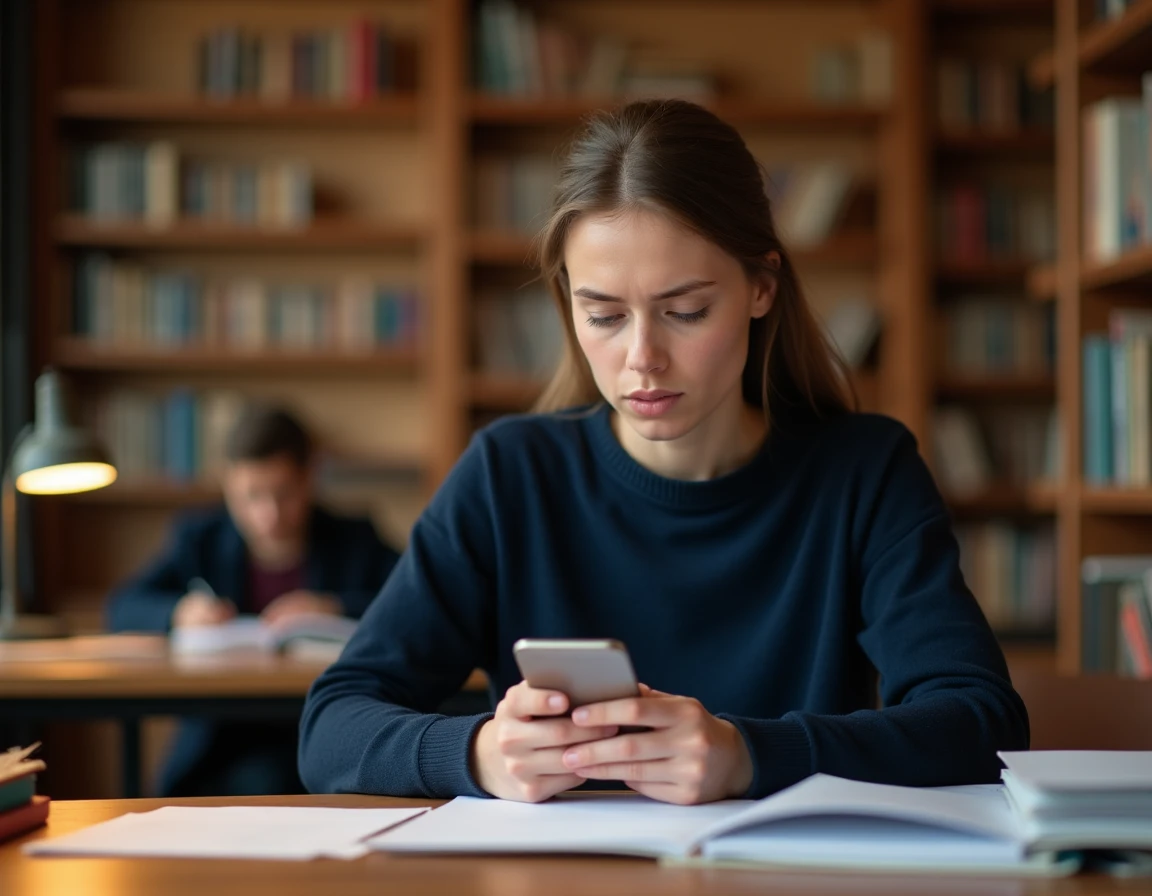 Jeune étudiante de la classe 2026 consultant son téléphone dans une bibliothèque universitaire entourée de documents