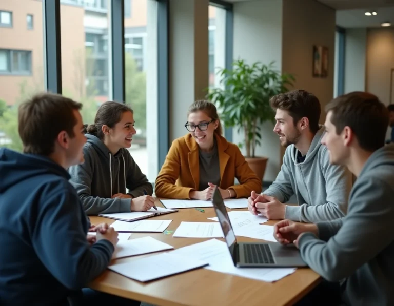 Groupe d'étudiants de la classe 2026 discutant autour d'une table avec documents et ordinateurs portables dans une salle commune universitaire