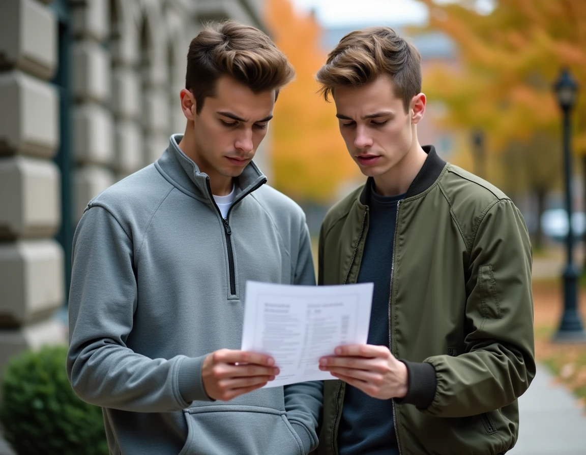Deux jeunes hommes de la classe 2026 examinant un document officiel devant un bâtiment universitaire en automne