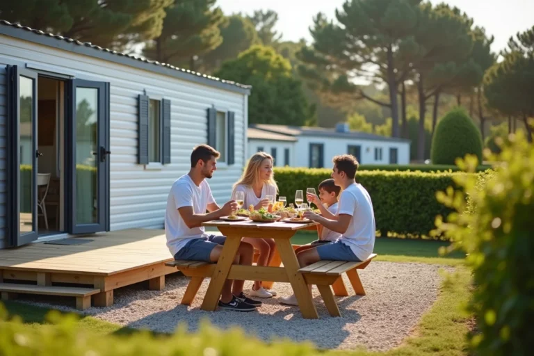 Famille réunie autour d'un repas en plein air devant un mobil-home moderne sur une parcelle privée en Vendée