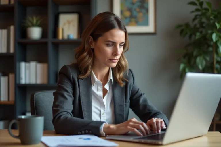 Femme d'âge moyen analysant des graphiques boursiers sur un ordinateur portable dans un bureau moderne