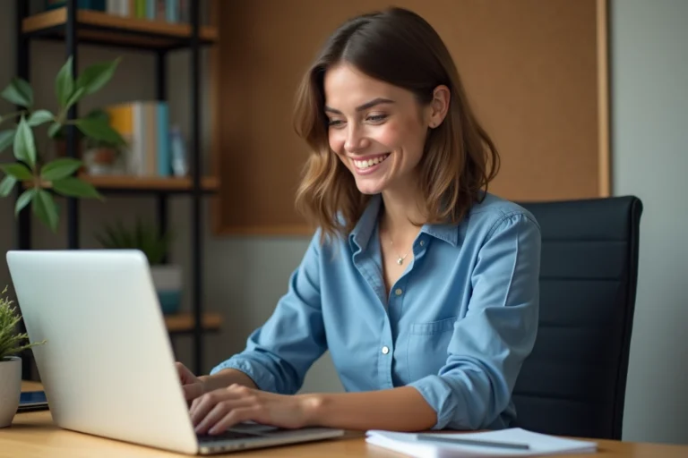 Jeune femme au bureau travaillant sur un ordinateur portable