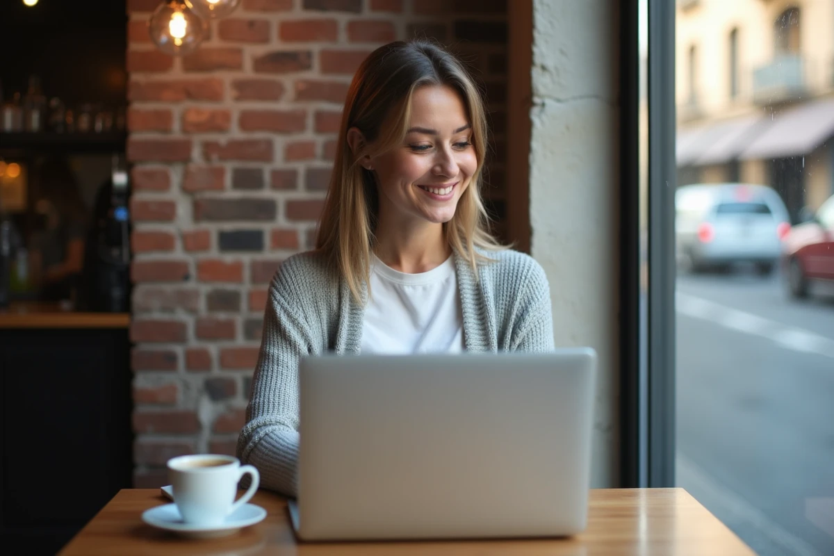 Femme souriante utilisant son ordinateur dans un café chaleureux