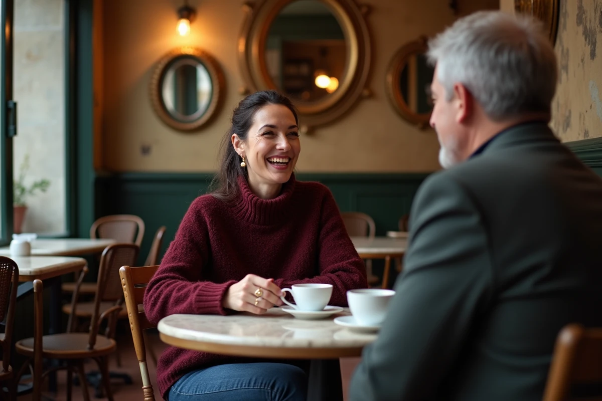 Femme élégante riant avec son compagnon dans un café parisien intimiste