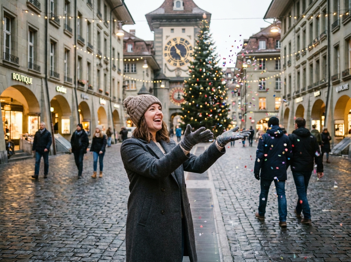 Jeune femme lançant des confettis dans une rue festive