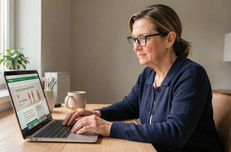 Femme belge consultant des informations de santé en ligne sur un ordinateur portable depuis son bureau à domicile