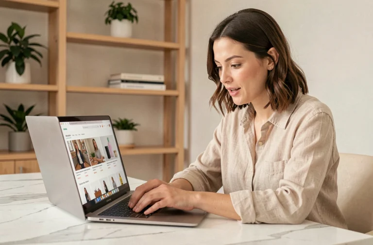 Femme découvrant les nouveautés d'une boutique en ligne sur son ordinateur portable dans un bureau moderne