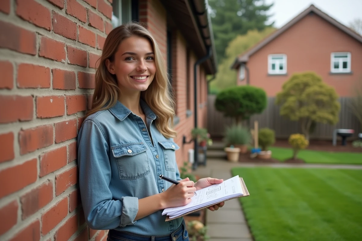 Jeune femme dessinant une maison en extérieur
