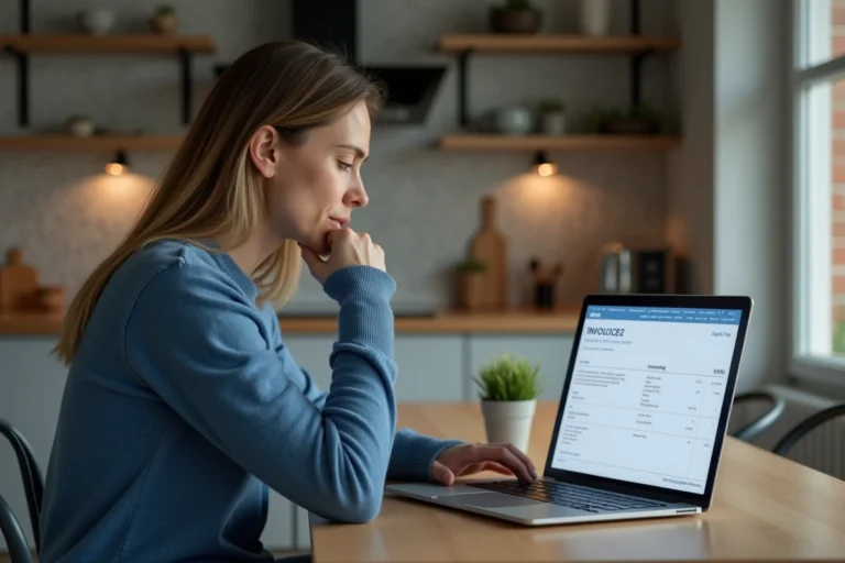 Femme regardant une facture en ligne sur son ordinateur portable