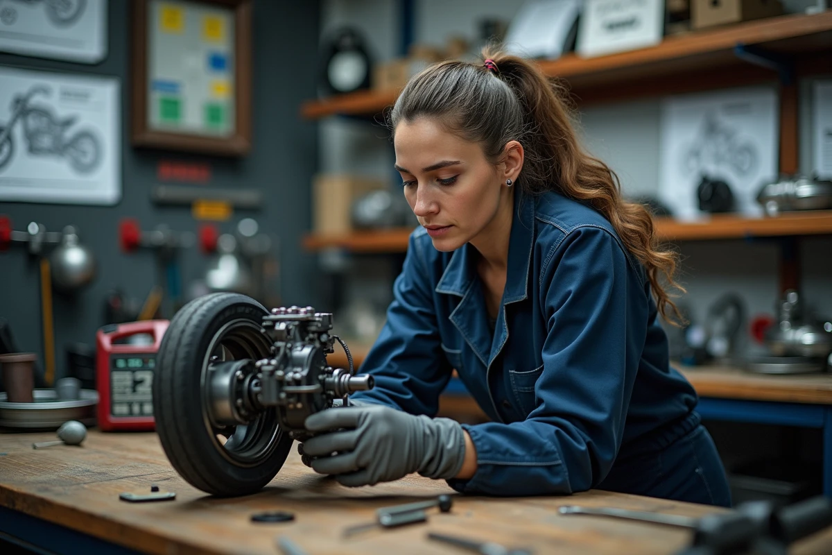 Femme mécanicienne examinant une pièce de moto en atelier