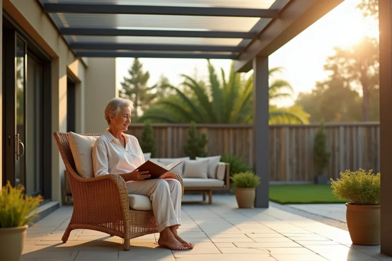 Femme assise sous une pergola en polycarbonate translucide sur une terrasse moderne avec jardin méditerranéen