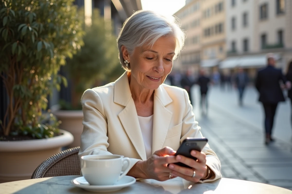 Femme senior élégante utilisant une application de rencontre sur smartphone en terrasse urbaine