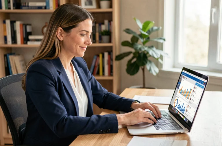 Femme professionnelle travaillant sur sa stratégie de présence digitale devant un ordinateur portable avec des tableaux de bord d'analytics